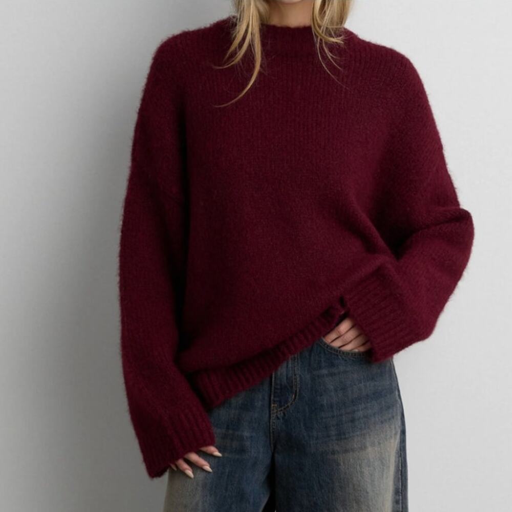 OAK + FORT Oversized Slouchy Fuzzy Crewneck Sweater Wine XS Academia Preppy
